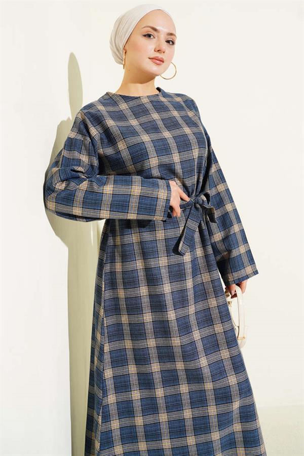 Belted Plaid Patterned Flared Dress Indigo