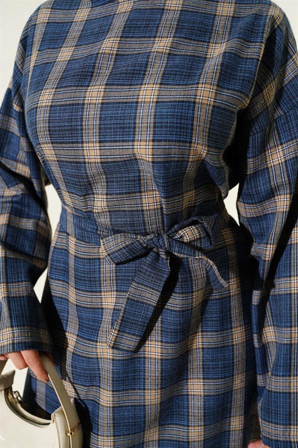 Belted Plaid Patterned Flared Dress Indigo