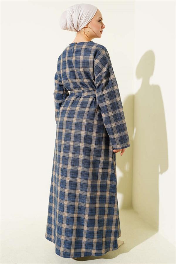 Belted Plaid Patterned Flared Dress Indigo