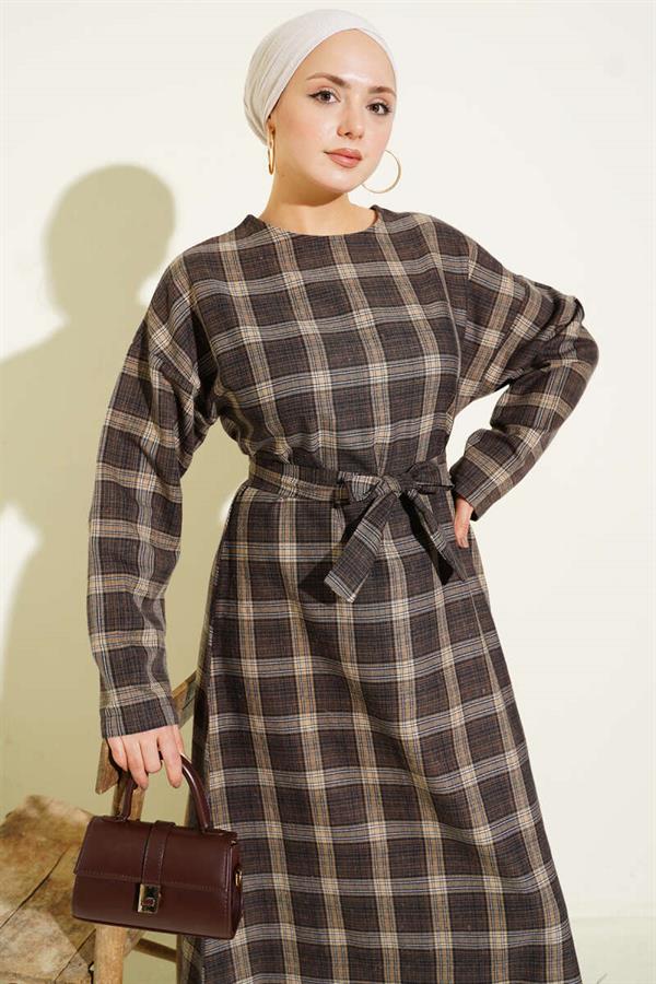 Belted Plaid Patterned Flared Dress, Coffee