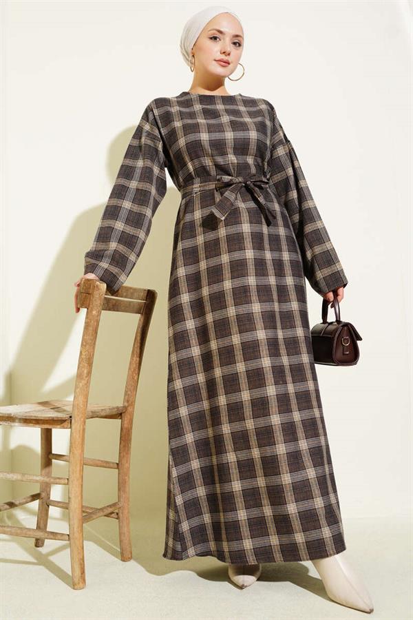 Belted Plaid Patterned Flared Dress, Coffee