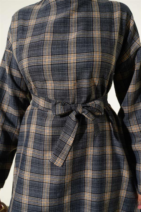 Belted Plaid Patterned Flared Dress Navy Blue
