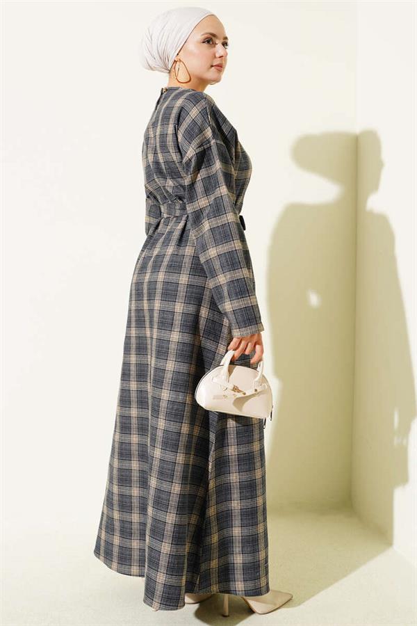 Belted Plaid Patterned Flared Dress Navy Blue