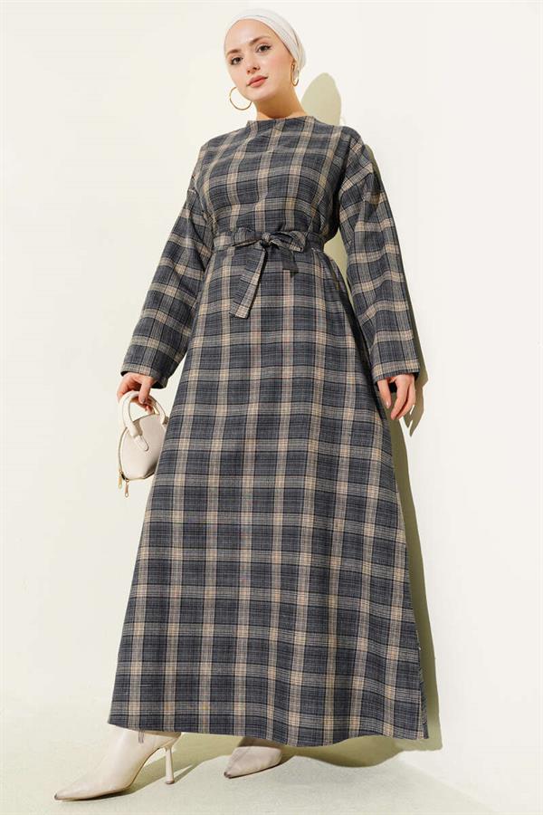 Belted Plaid Patterned Flared Dress Navy Blue