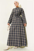Belted Plaid Patterned Flared Dress Navy Blue