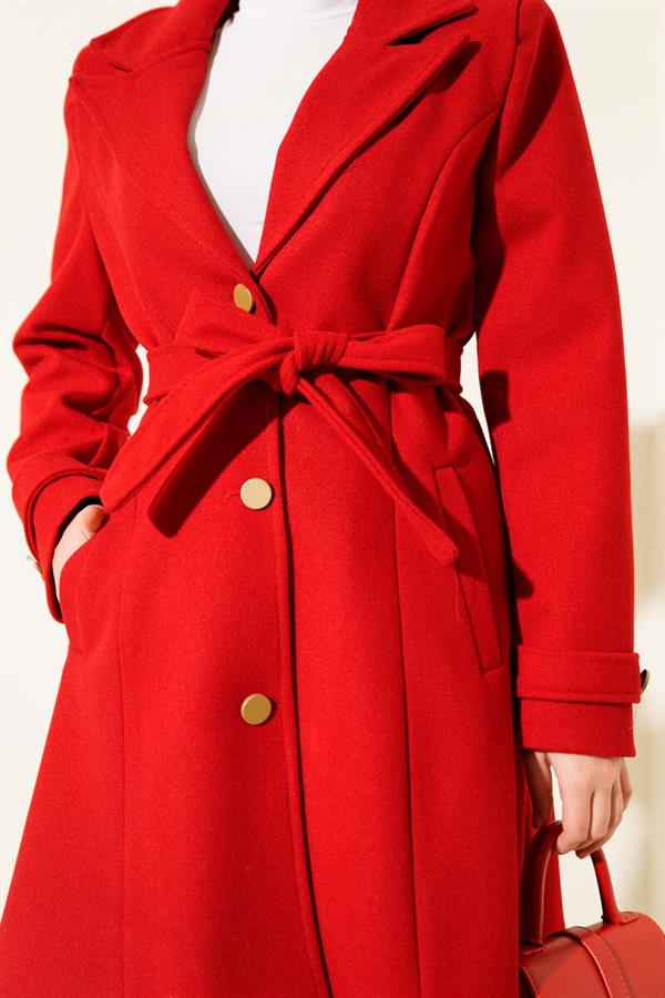 Belted Gold Buttoned Cashmere Coat Red