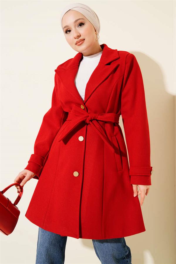Belted Gold Buttoned Cashmere Coat Red