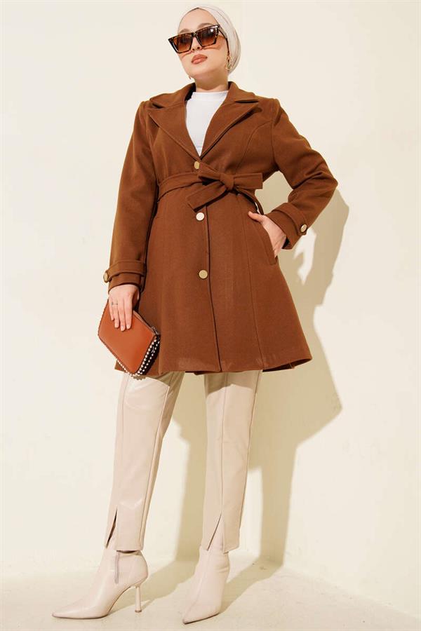 Belted Gold Buttoned Cashmere Coat in Tan