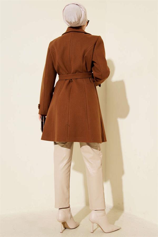 Belted Gold Buttoned Cashmere Coat in Tan