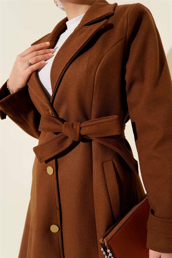 Belted Gold Buttoned Cashmere Coat in Tan