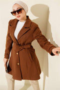 Belted Gold Buttoned Cashmere Coat in Tan
