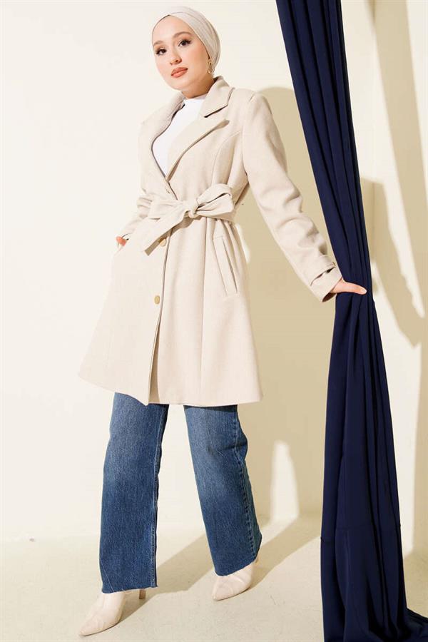 Belted Gold Buttoned Cashmere Coat Stone