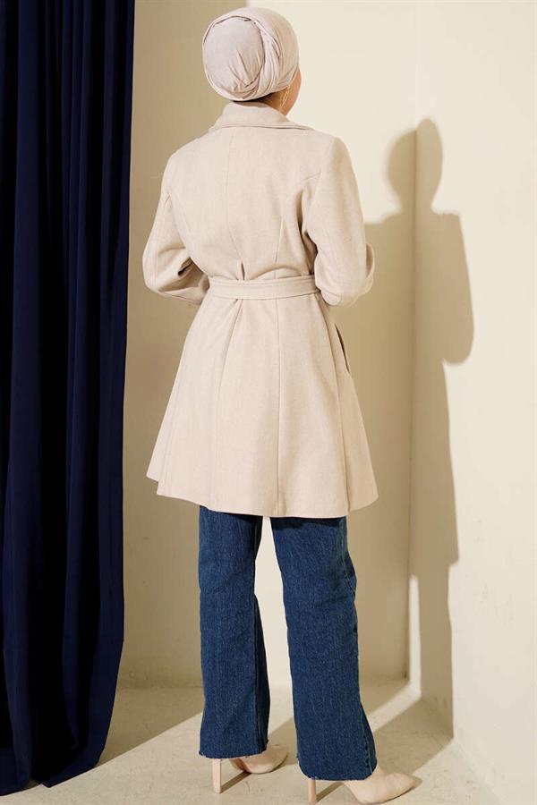 Belted Gold Buttoned Cashmere Coat Stone