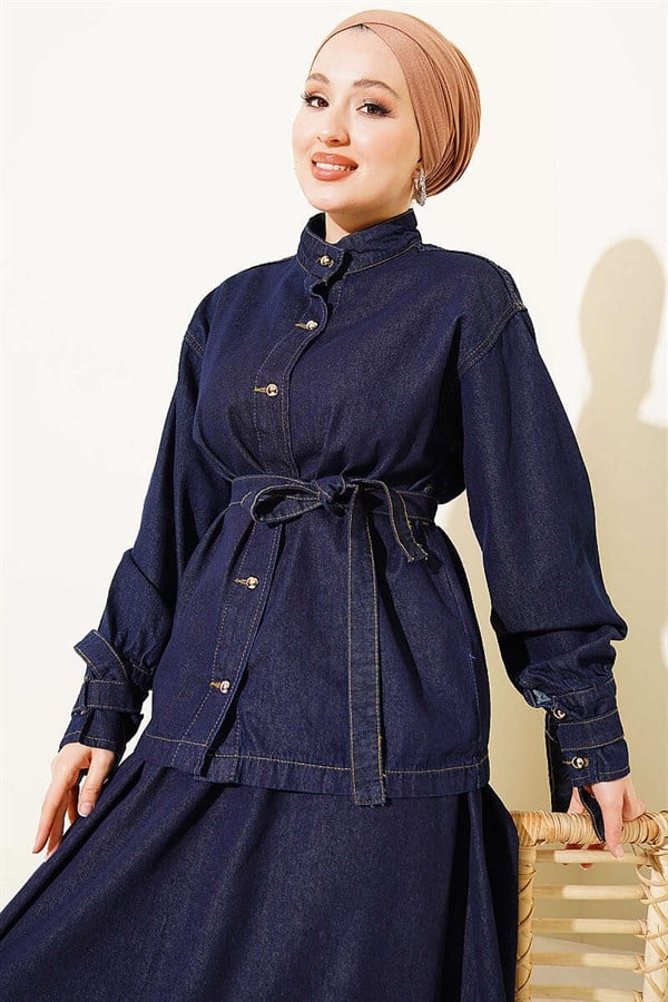 Navy Blue Denim Skirt 2 Piece Set with Belt and Gold Buttons