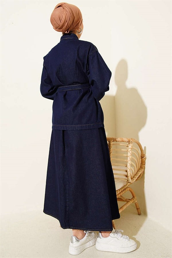 Navy Blue Denim Skirt 2 Piece Set with Belt and Gold Buttons