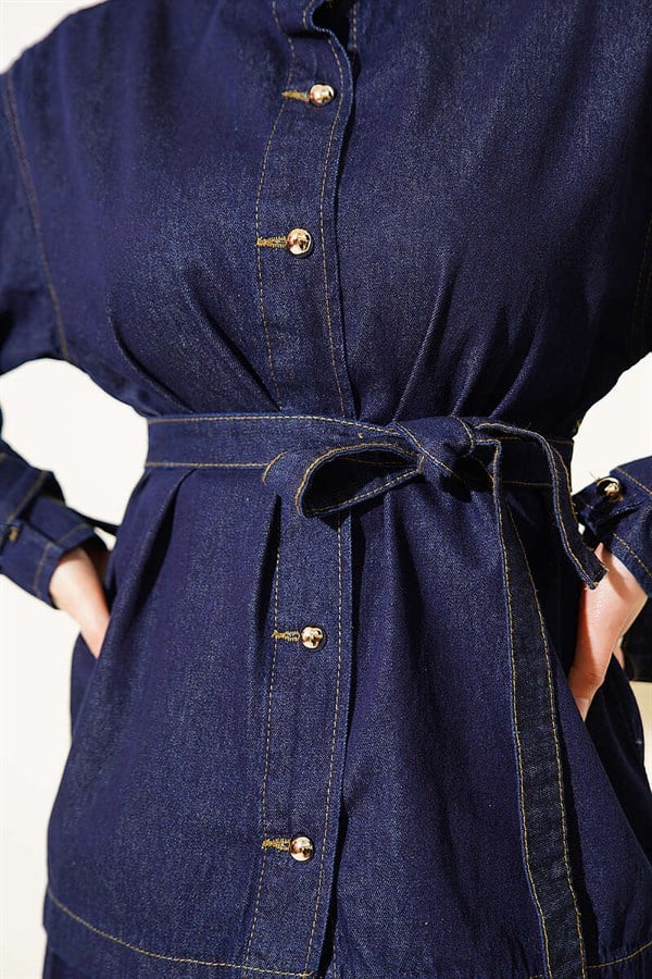 Navy Blue Denim Skirt 2 Piece Set with Belt and Gold Buttons