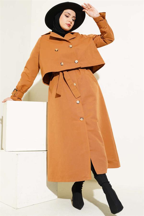 Belted Double Trench Coat Set Tan