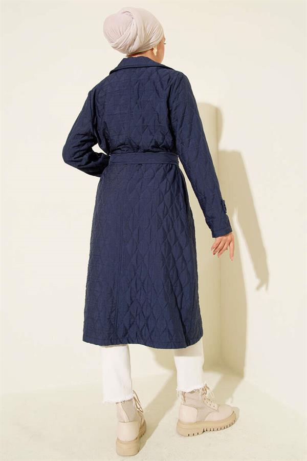 Belted Quilted Coat Navy Blue