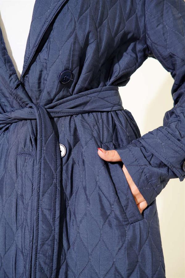 Belted Quilted Coat Navy Blue