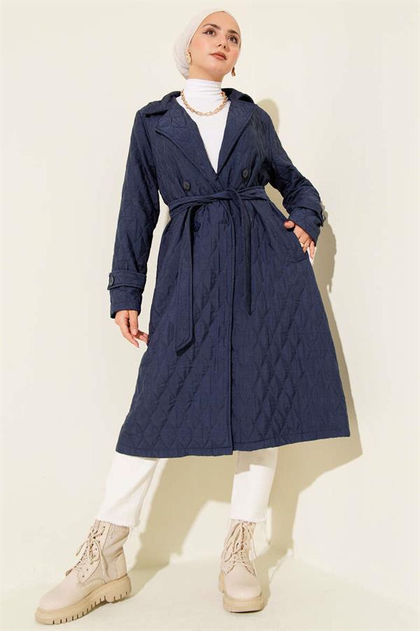Belted Quilted Coat Navy Blue
