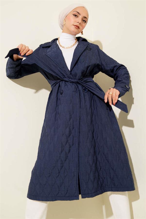Belted Quilted Coat Navy Blue