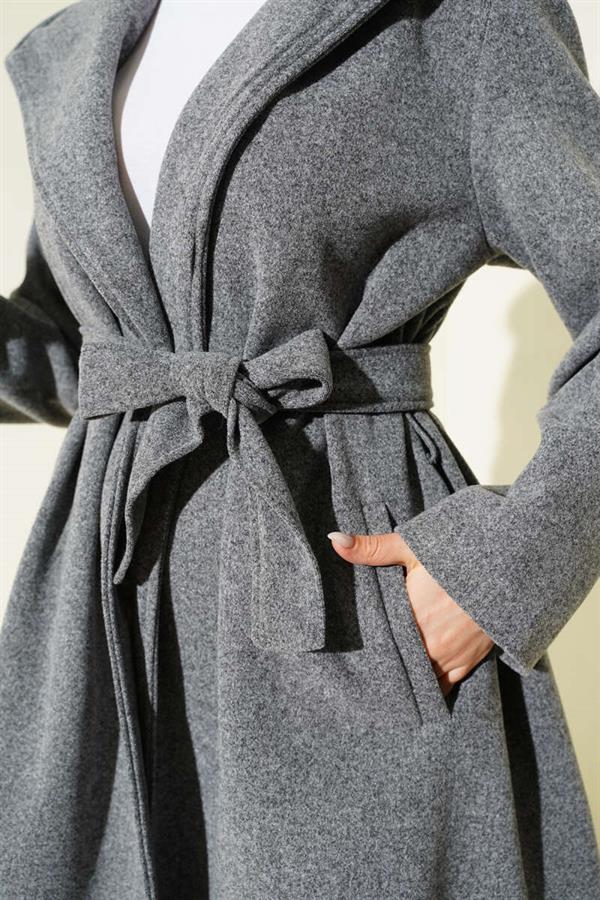 Belted Hooded Cashmere Coat, Smoke Grey