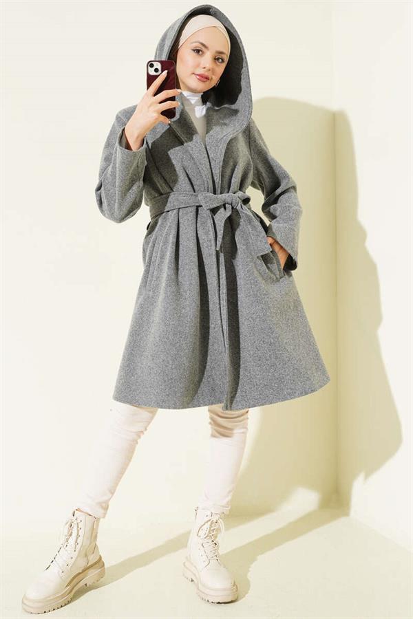 Belted Hooded Cashmere Coat, Smoke Grey