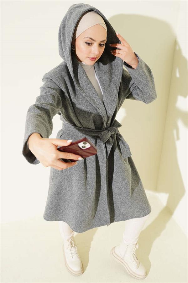 Belted Hooded Cashmere Coat, Smoke Grey