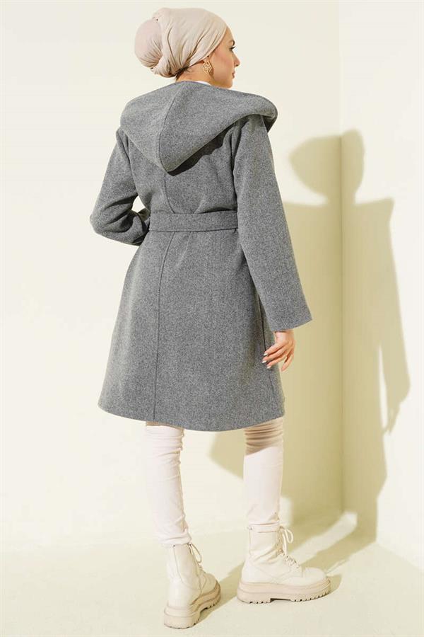 Belted Hooded Cashmere Coat, Smoke Grey