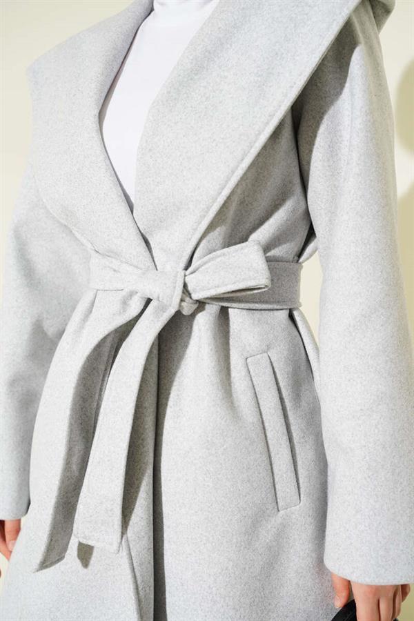Belted Hooded Cashmere Coat Gray