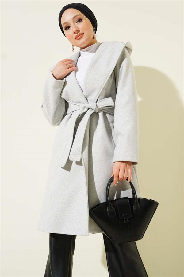 Belted Hooded Cashmere Coat Gray