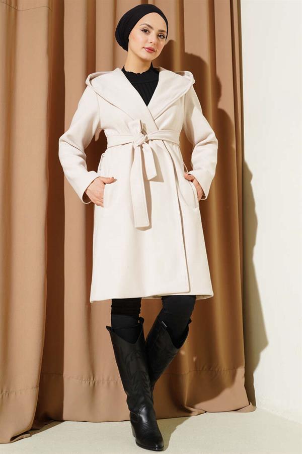 Belted Hooded Cashmere Coat, Cream