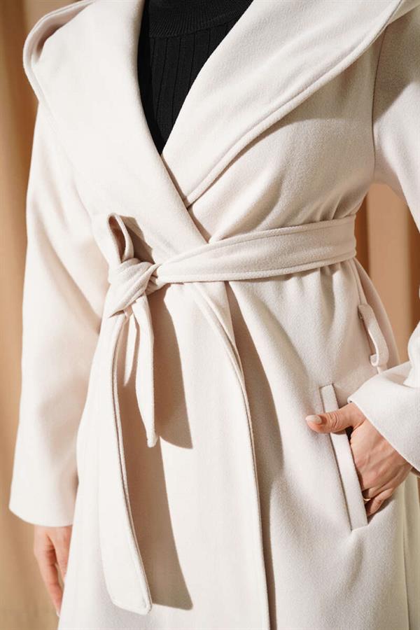 Belted Hooded Cashmere Coat, Cream