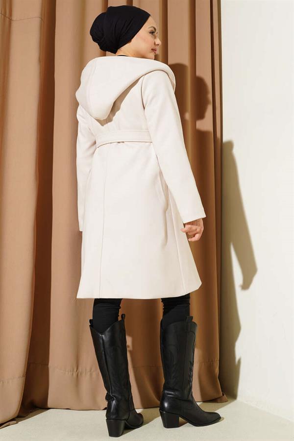 Belted Hooded Cashmere Coat, Cream