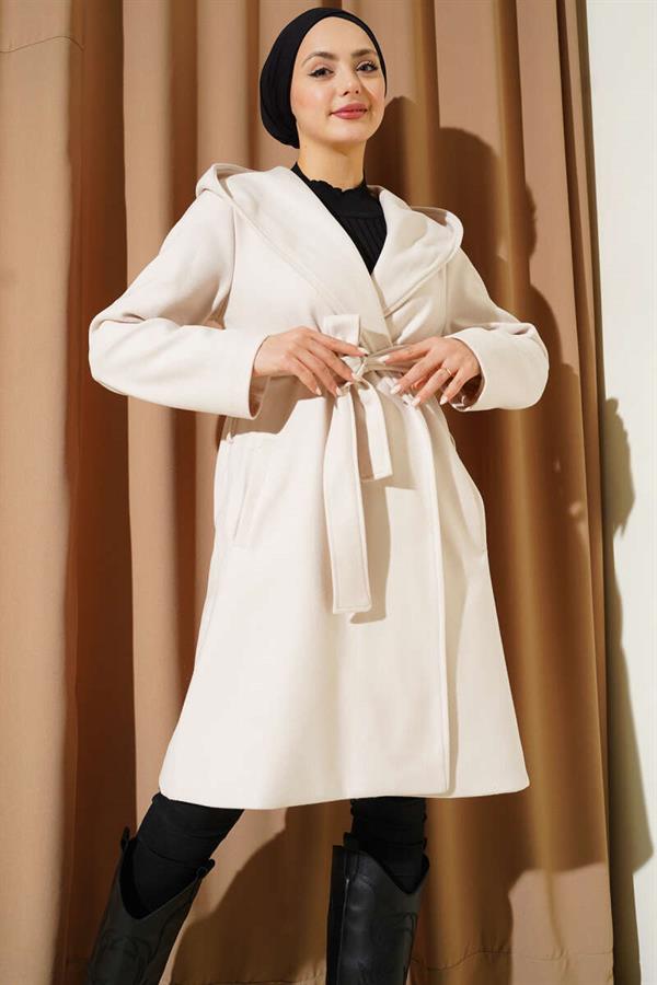 Belted Hooded Cashmere Coat, Cream