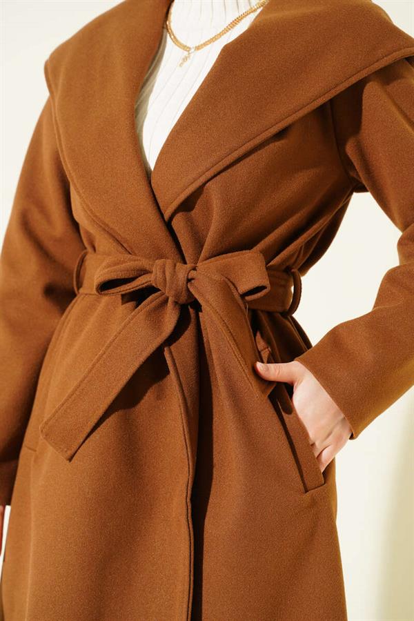 Belted Hooded Cashmere Coat, Tan