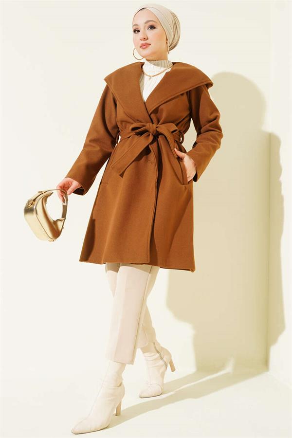 Belted Hooded Cashmere Coat, Tan