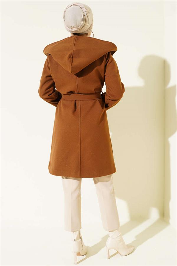 Belted Hooded Cashmere Coat, Tan