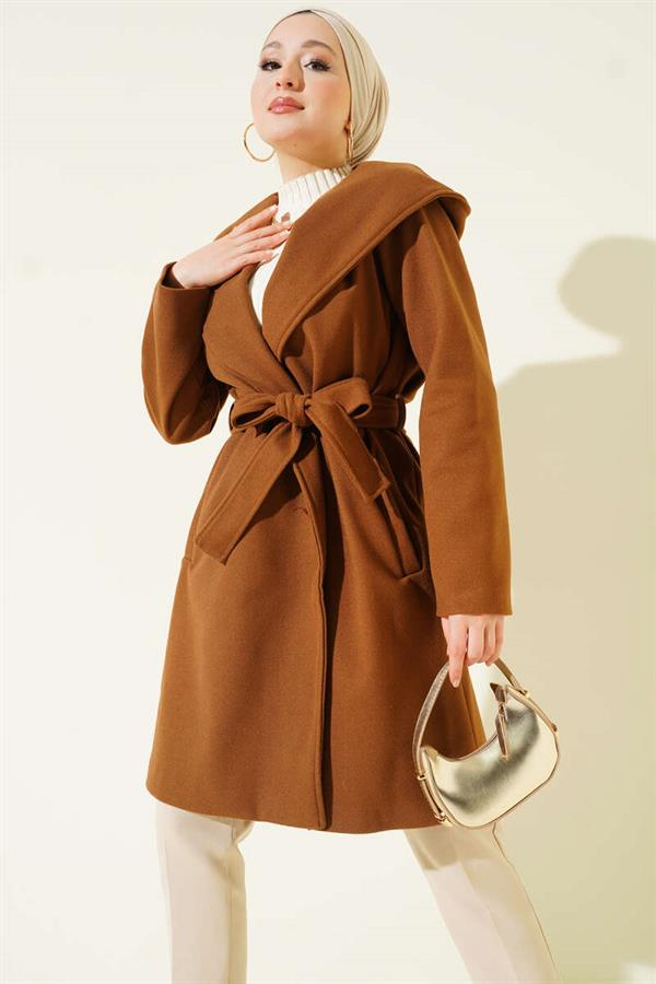 Belted Hooded Cashmere Coat, Tan