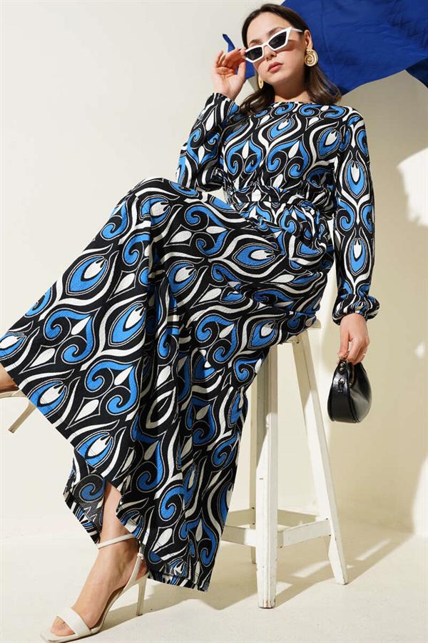 Belted Mixed Patterned Crepe Dress in Saxe
