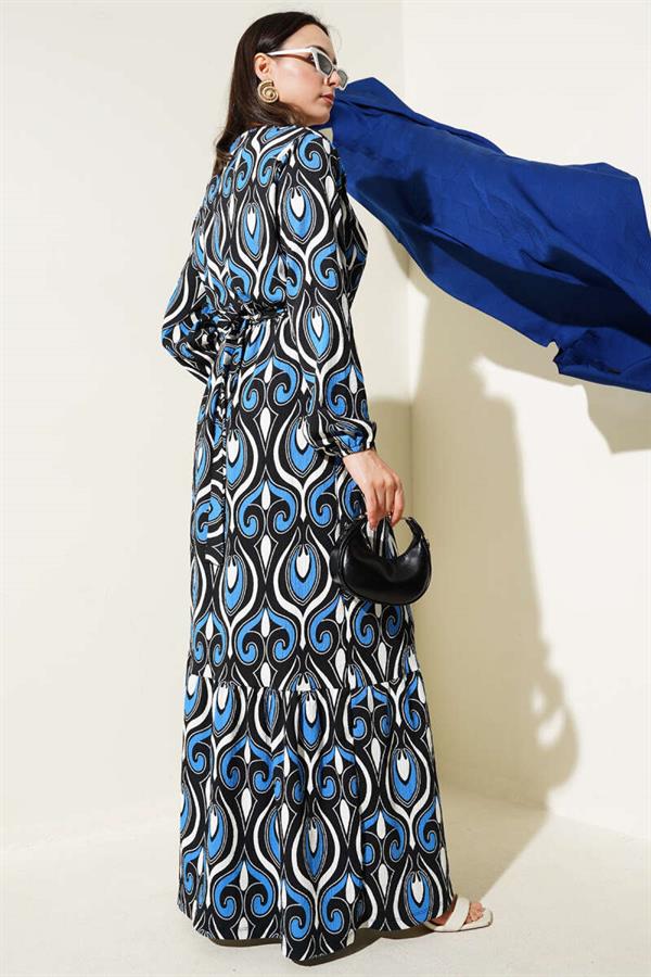 Belted Mixed Patterned Crepe Dress in Saxe