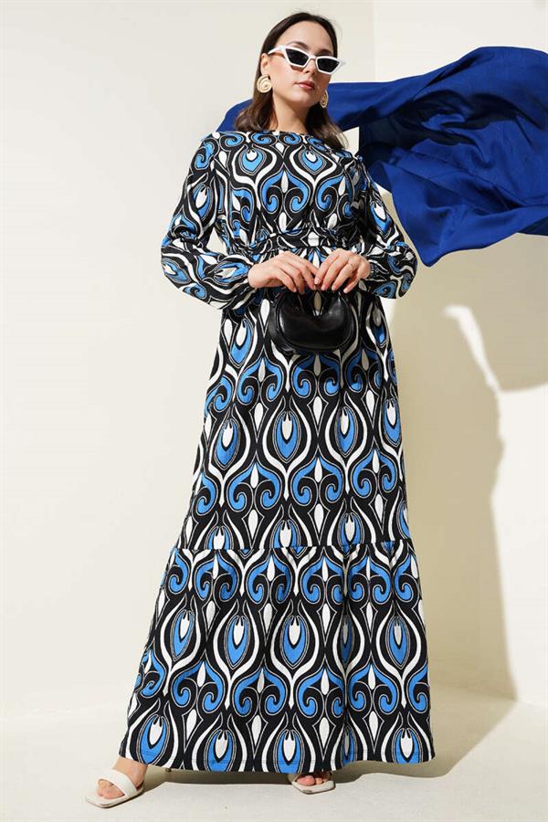 Belted Mixed Patterned Crepe Dress in Saxe