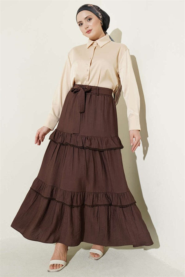 Belted Layered Detail Flared Skirt in Brown