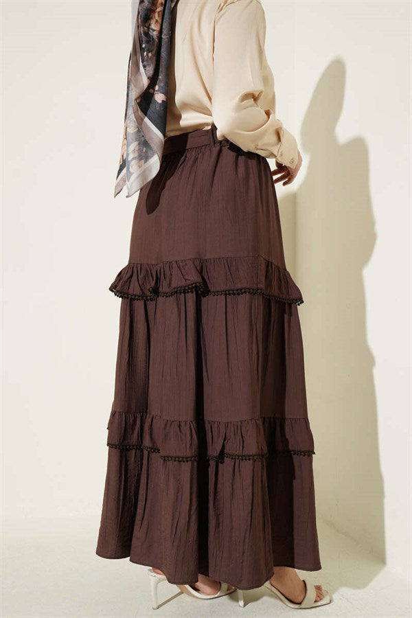 Belted Layered Detail Flared Skirt in Brown