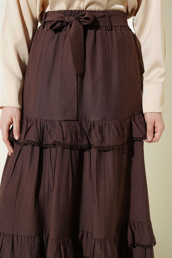 Belted Layered Detail Flared Skirt in Brown