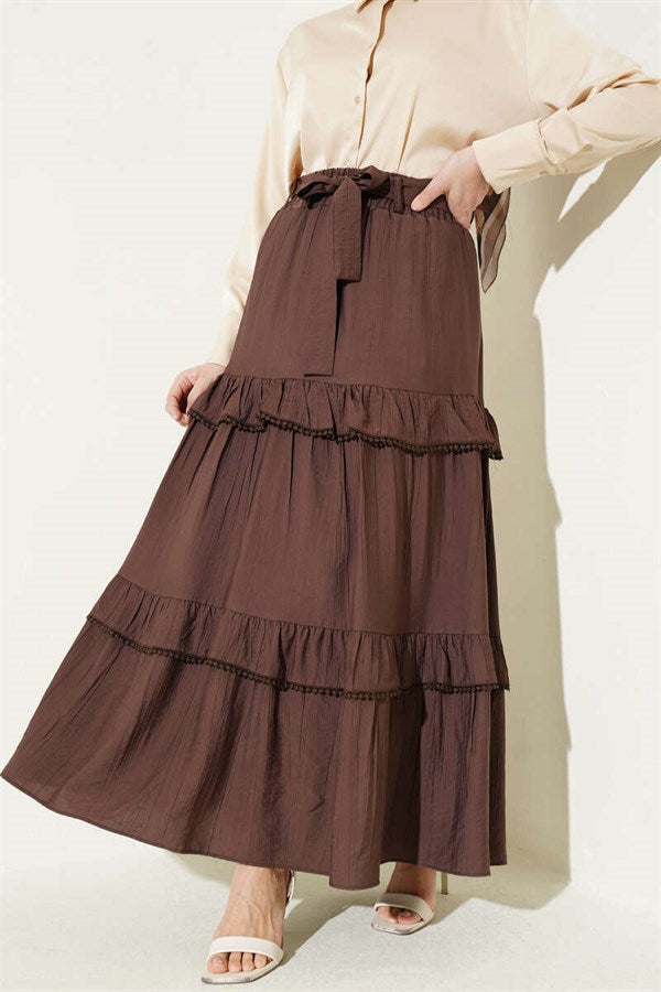 Belted Layered Detail Flared Skirt in Brown