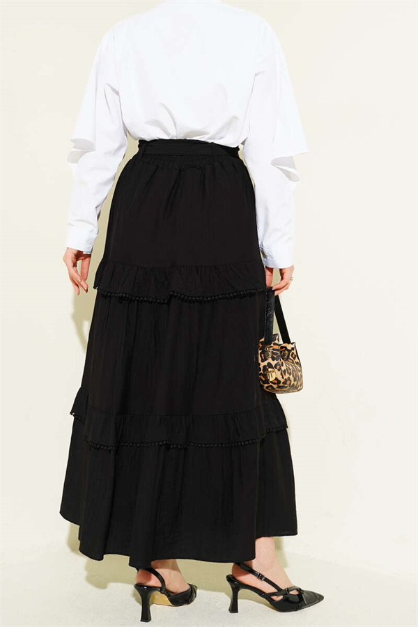 Belted Layered Detail Flared Skirt Black