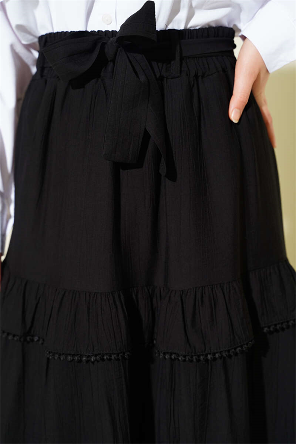 Belted Layered Detail Flared Skirt Black