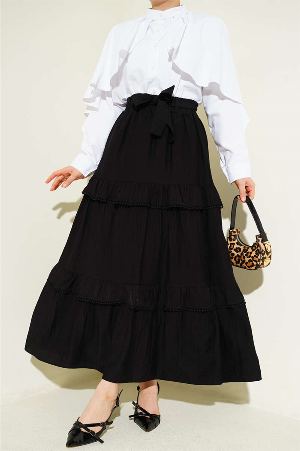 Belted Layered Detail Flared Skirt Black