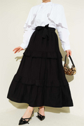Belted Layered Detail Flared Skirt Black